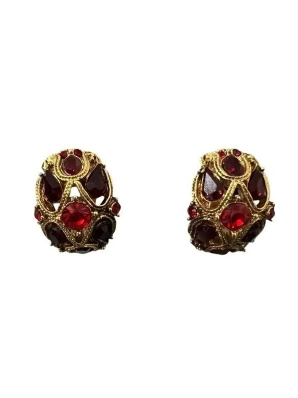 Vintage St John Collection Clip On Earrings Red Enamel Gold Tone Statement